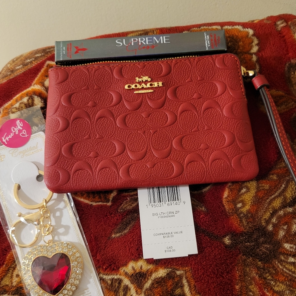 Coach Corner zip leather signature C's. In a Beautiful red. NWT. You get all 3.